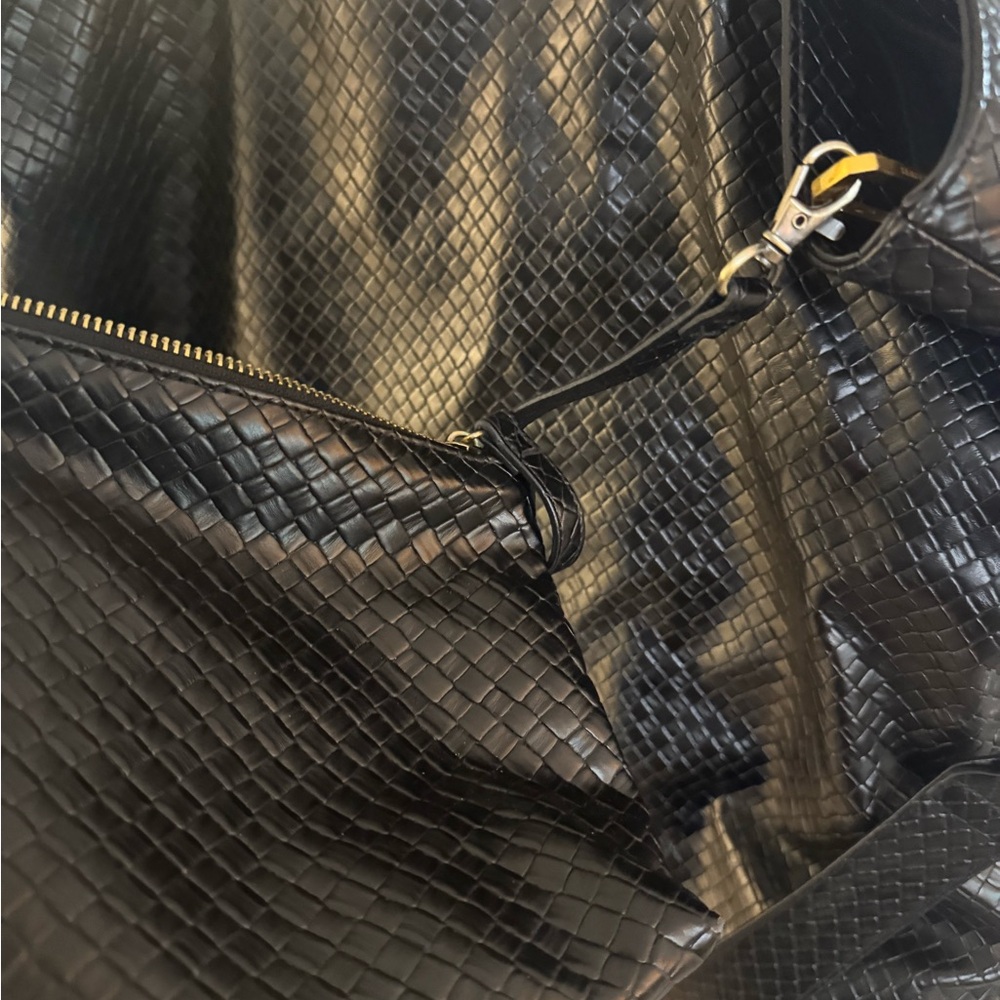 ANTHROPOLOGIE Woven Slouchy Tote Shoulder Vegan Leather Hobo Bag Black - Picture 6 of 8